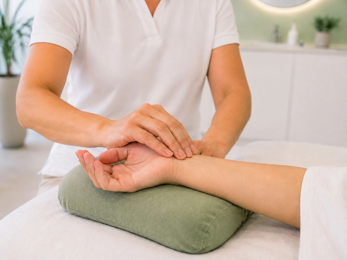 Beurteilung des Pulses am Handgelenk während der TCM-Untersuchung im Akupunktur Zentrum Richterswil